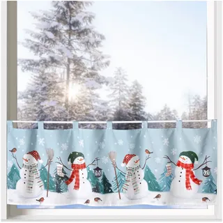 heimtexland Scheibengardine Weihnachten Deko Gardine Bistro Weihnachtsgardine (1 St), Schlaufen, blickdicht, Satin, 45x120 cm I Fensterdeko Winter Advent I Schneemann petrol blau