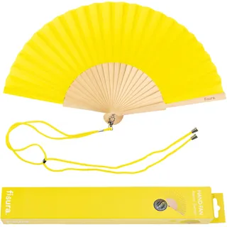 Fisura – Gelber Handfächer Moderner und lustiger Holzfächer. Origineller Fächer für den Sommer. Fächer mit Aufhängung. Maße: 42,5 Zentimeter x 23 Zentimeter.
