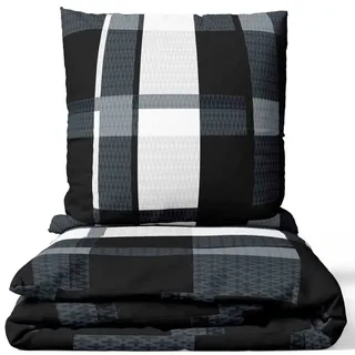 Leonado Vicenti Bettwäsche Set 135x200 cm 80x80 cm Schwarz Grau Weiß Kariert Ornamente mit Reißverschluss 4 teilig