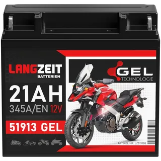 LANGZEIT 51913 GEL Motorradbatterie 12V 21Ah 345A/EN Gel Batterie 519013017 ABS 19Ah G19 doppelte Lebensdauer vorgeladen auslaufsicher wartungsfrei