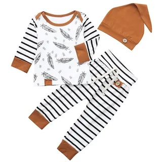 Battnot Baby Jungen Mädchen Bekleidungssets 3tlg Sets Unisex Hut+Tops+Hosen 3er Neugeborenes Feder Druck Gestreifte Outfits Pyjama, 0-24 Monate Kleinkind Säugling Kinder Boys Girls Herbst Kleidung - 0-6 Monate