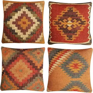 Kissenbezüge 4er Set 80x80cm Dekorative Kissenhülle, Leinen Zierkissenbezüge mit unsichtbarem Reißverschluss, Weich Kissen Bezug Zierkissen für Sofa Zuhause Dekor, Rot-orangefarbener Ethno-Stil SD2660