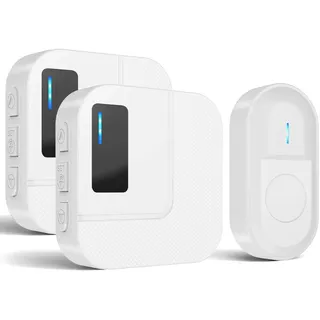 SURFOU Funkklingel, Kabellose Türklingel, Aussen Wasserdicht Haustür Klingel, 300m Funk Reichweite mit 2 Plug-In-Empfänger und 1 Sender, 55 Laute Melodien, 5 Lautstärke Stufen, LED-Blinken, Weiß