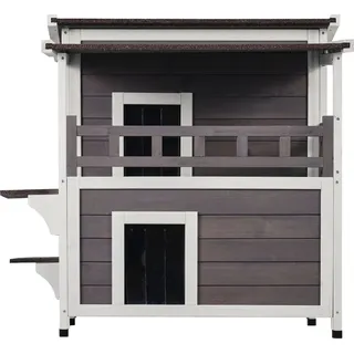 SucceBuy Outdoor-Katzenhaus, wetterfest, Unterschlupf für Wildkatzen, großes 2-stöckiges Holzhaus mit Balkon, Türen, PVC-Türklappen und offene...