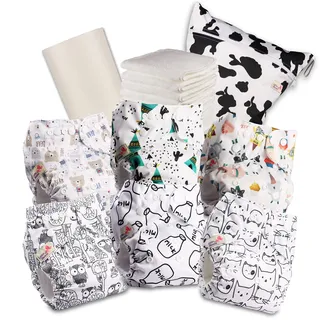 Littles & Bloomz 603PM6 wiederverwendbare Pocket-Babywindel aus Stoff, mit Standard-Druckknopfverschluss, 6 Windeln + 6 Einlagen, 1 Rolle Einwegeinlagen aus Bambus, 1 Beutel für nasse Windeln