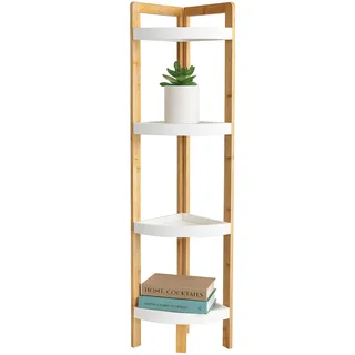 Relaxdays Eckregal Bambus, 4 halbrunde Ablagen, HBT: 105,5x23x23 cm, Standregal Bad & Küche, platzsparend, natur/weiß