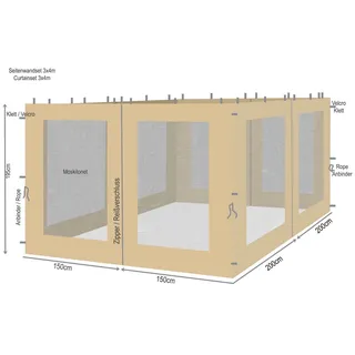 Quick Star 4 Seitenteile mit Moskitonetz für Blätter Pavillon 3x4m Seitenwand Sand