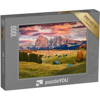 puzzleYOU: Puzzle 1000 Teile „Sonnenaufgang auf der Seiser ALM mit herbstlichen Lärchen vor dem Langkofel“ – aus der Puzzle-Kollektion Alpen, Regionen, Landschaft