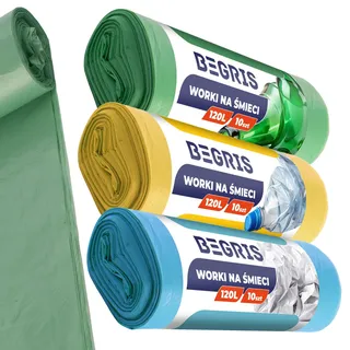 BEGRIS® Müllbeutel Set 120la10 - gelb, grün, blau, braun (3x120L) von 10 Stück stabilen Abfallsäcke LDPE Material, farbige Säcke für Haushalt, Garage Mülltrennsäcke