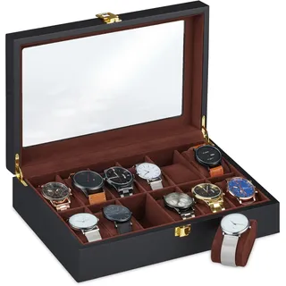Relaxdays Uhrenbox, 12 Uhren, Samtkissen, Sichtfenster, HxBxT: 8,5 x 31,5 x 21 cm, Uhrenschatulle, MDF, schwarz-braun