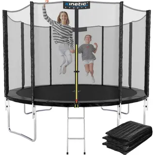 Kinetic Sports Trampolin Outdoor 'Salto Plus' Ø 183/244/305/366/400/430/490 cm - Komplett-Set für Kinder, USA Sprungtuch, Netz, Randpolster, Leiter - bis zu 160kg Schwarz-2 Ø 244 cm Ø 244 cm, Schwarz-2
