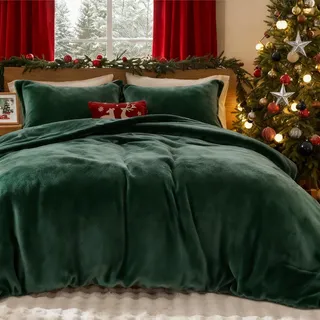 Lanqinglv Winter Bettwäsche 135x200cm Biber Dunkelgrün Grün Samtweichem Plüsch Flanell Unifarben Bettbezug mit Reißverschluss und 1 Kissenbezug 80x80cm