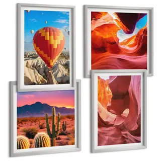 Bilder Set 4-teilig im silbergerahmten Rahmen – Wandbilder 4 Stück – gerahmte Poster für Wohnzimmer, Schlafzimmer und Flur – 50x50 cm - 40x... - Orange