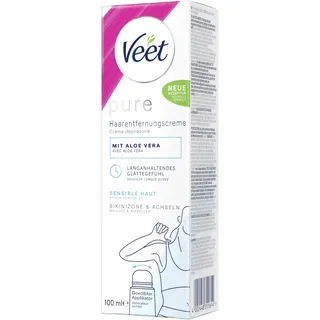 Veet Pure Haarentfernungscreme für Bikinizone & Achseln - Enthaarungscreme für sensible Haut - Mit Bio Aloe-Vera, Vegan - 100 ml Tube mit gewölbtem Applikator & Spatel