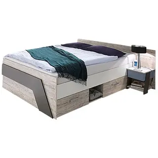 Lomadox Jugendbett Set Mit Bett 140x200 Cm Und Nachttisch Leeds-10 In Sandeiche Nb. Mit Weiß, Lava Und Denim Blau