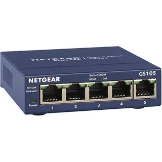 Netgear GS105GE Switch 5 Port Netzwerk Switch (Plug-and-Play Gigabit Switch LAN Splitter, LAN Verteiler, Ethernet Hub, lüfterloses Metallgehäuse), Blau