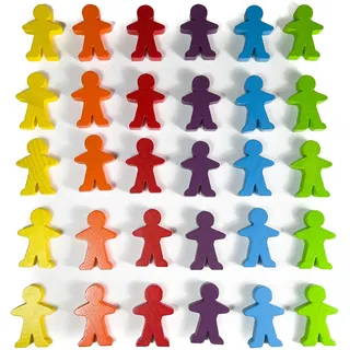Spieltz große Spielfiguren für Brettspiele, aus Holz. Menschen/Personen, 5 cm groß (35x50x10 mm) (6 Farben - Regenbogen: Gelb, Orange, Rot, Violett, Hellblau, Hellgrün, 30 Stück)