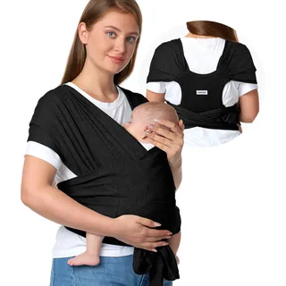 Momcozy Baby Tragetuch Neugeborene mit Schnalle, einfach zu tragenes Babytragetuch im T-Shirt-Design,für Babys 3,6-15kg, verstellbares Schnallen-System für Taillenumfang von 76,2-119,4cm, Schwarz