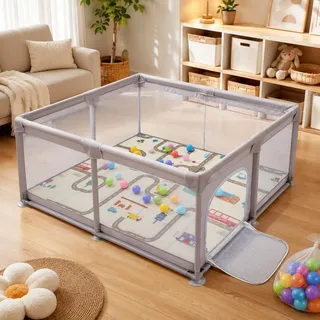 Truevaste Laufstall Baby 120x120 mit Matratze, Kompaktes Laufgitter 1 Kind | 600D Oxford Playpen mit 50 Spielbällen, 8 Saugnapf-Füßen & Außen-Reißverschluss – ideal für kleinere Wohnbereiche