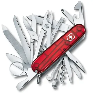 Victorinox Swiss Champ Schweizer Taschenmesser, 33 Funktionen Multitool | Robustes Taschenmesser mit Holzsäge, Kombi-Zange und Lupe, 91 mm Länge, ABS/Cellidor Schalen, Rot Transparent