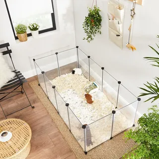 Songmics Freigehege mit Bodenplatten, Laufstall, Kunststoff-Stahlgitter für Kleintiere, Meerschweinchen, Hamster, Kaninchen, weiß