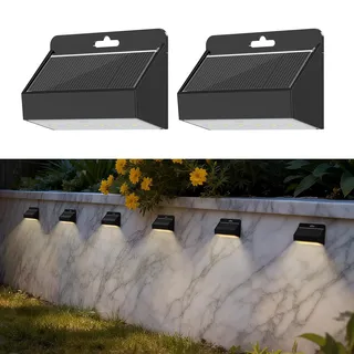 Smiling Shark Solarleuchten für Außen, 2 Stück LED Solar Wandleuchte Aussen IP65 Wasserdichte Wandlampe Solar Zaunleuchten für Garten Stufen Zäune Geländer Terrasse Balkon Treppen, Warmweiß