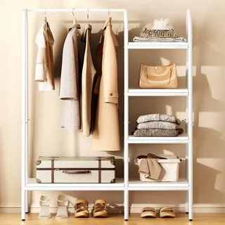 sogesfurniture Kleiderständer mit Kleiderstange, Freistehender Garderobenständer mit 4 Ablage zur Kleideraufbewahrung, aus Holz und Metal, 100 * 40 * 150 cm, Weiß