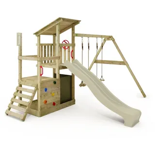 FATMOOSE Spielturm Klettergerüst FruityForest mit Schaukel & Rutsche, Kletterturm mit Sandkasten, Leiter & Spiel-Zubehör – Salbeigrün