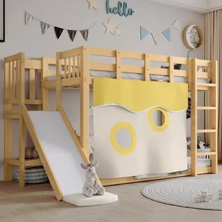 Merax Hochbett 90x200cm, Etagenbett für Kinder mit Treppe, Zäune und Rutsche, Kinderbett mit Rausfallschutz und 2 Lattenrost, Spielbett mit Bettvorhang, Stockbett Jugendbett, MDF+Kiefer, Natur & Gelb
