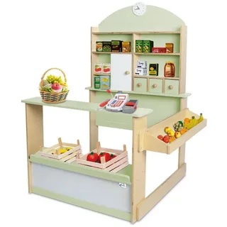 Coemo Kaufladen Kinder Kaufmannsladen Lilly Holz Verkaufsstand mit 3 Schubladen Schrank Uhr Theke Seitentheke (Mintgrün)