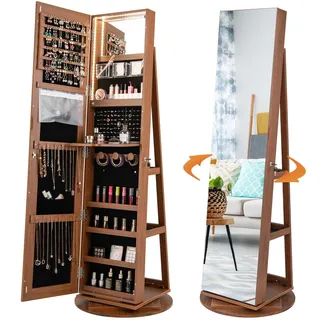Costway Schmuckschrank mit LED Spiegelschrank mit Ganzkörperspiegel, Schmuck-Organizer abschließbar, Braun
