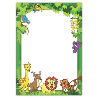 LYSCO Motiv Briefpapier für Kinder (Dschungel-5037, DIN A4, 25 Blatt). Einseitig bedrucktes Briefpapier, sehr gut beschreibbar, Motivpapier für alle Drucker/Kopierer geeignet Motiv Urwald Dschungel Papagei Affe Schlange Giraffe Löwe Hirsch Frosch