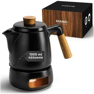 MiaMio - Teekanne mit Stövchen Set / 1L / 1000 ml Tee Kanne mit Siebeinsatz und Deckel für losen Tee - Geschenk für Damen/Teeliebhaber (Schwarz)