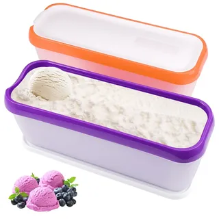 2er-Set Eisbehälter für Speiseeis 1,5 L,Hausgemachte Eiscreme-Behälter mit Deckel,BPA frei,Bruchsicher,Rutschfestes,Eisbehälter für Selbstgemachtes Eis, Joghurt, Fruchteis, Milchshakes,Orange & Lila