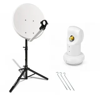 PremiumX mobile Camping SAT Anlage 45cm Hellgrau Satelliten-Schüssel Antenne Single LNB 4K Dreibein-Stativ