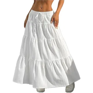 XFSRG Langer Rock Damen Sommer Hohe Taille Elastischer A Linie Elegant Lang Boho Maxirock Stufenrock Freizeitrock mit Kordelzug(Weiß/S) - S