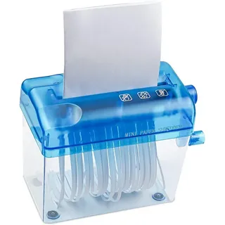 SURFOU Aktenvernichter Manueller Aktenvernichter A6, Streifenschnitt, 123mm Einzug, Blau, Streifenschnitt 3 mm – Kompakt, leise, ohne Strom – 1L Auffangbehälter blau