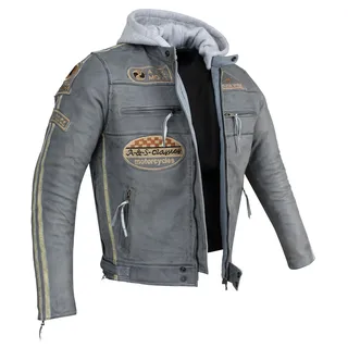 Herren Motorradjacke Lederjacke Biker Jacke mit Protektoren Leder Jacke mit Kapuze Leather Jacket Fashion Jacket Custom (DE/NL/SE/PL, Alphanumerisch, XL, Regular, Regular, Grau) - XL