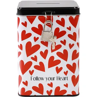 i-Total I-TOTAL® – Lustige Spardose mit Vorhängeschloss und Schlüssel, Sparbüchse aus Metall mit Verschluss (Follow Your Heart)
