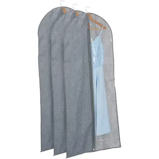 Relaxdays Kleidersack 3er Set mit Reißverschluss, 135 x 58 cm Schutzhülle Anzug, Kleid, Hemd, grau/transparent