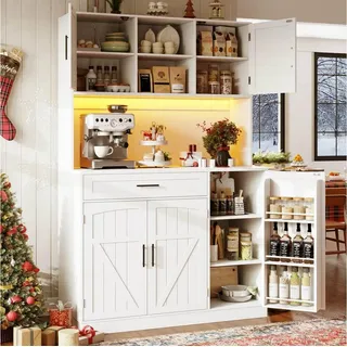 Flieks Küchenbuffet mit LED-Beleuchtung, Steckdose, Schubladen und Türen in Landhausstil (1-St., 110x38x180 cm) Hochschrank Küchenschrank Geschirrschrank mit Türablagen Weiß weiß