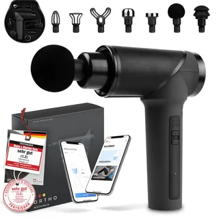 OrthoMechanik® 3.0 | OrthoGun | Hochwertige Massagepistole mit App & 7 Aufsätzen I inkl. Koffer | 160W Motor & 5 Intensitäten für Schmerzlinderung & Entspannung I Bis zu 360 Min. Laufzeit