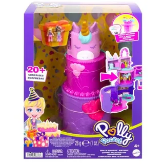 POLLY POCKET Ausklappspaß-Schatulle Einhorn-Torte, niedliches Design, 25 Zubehörteile