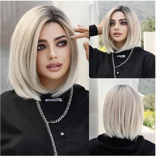 birene Echthaarperücke Kurze Ombre-Blonde Bob-Perücke for Frauen, tägliche Party, natürliche synthetische Lavendel-Seitenscheitel-Perücke, hitzebeständige gerade Perücken Perücke