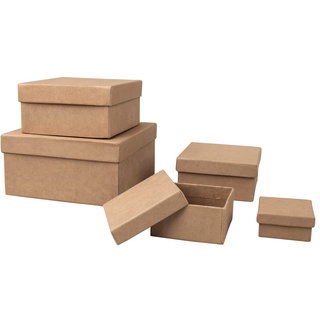 Rayher Pappmaché Boxen mit Deckel, Set 5-teilig, Pappboxen, Geschenkboxen 5er-Set, quadratisch, 5 x 5 - 14 x 14 cm, Schachteln, braun, aus Karton, FSC zertifiziert, Aufbewahrungsboxen, 67383000