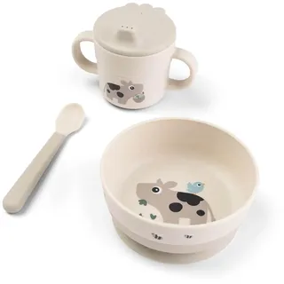 Done by Deer Foodie first meal Geschirrset Tiny farm Beige - Praktische kindergeschirr - baby löffel, Schüssel mit saugnapf und Trinkbecher, 100% PP in Lebensmittelqualität mit rutschfestem TPE