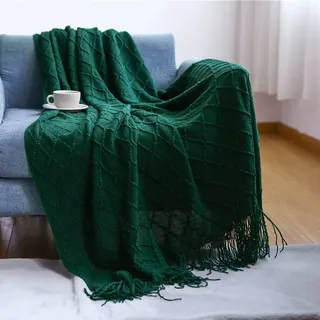 Kuscheldecke Wohndecke Flauschig Dunkelgrün Grün Gestrickt Tagesdecke Grob Wendedecke Kuscheldeck Sofadecke Couchdecke Strickdecke Sofa Bett Überwurf 130 x 230 cm Sofaüberwurf mit Fransen Bedspread
