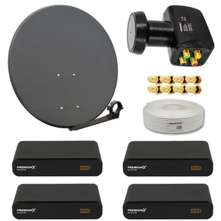 PremiumX Premium X Satelliten-Komplettanlage 4 Teilnehmer 60cm Antenne Anthrazit SAT Quad LNB 50m Antennenkabel 4x HD TV Sat-Receiver
