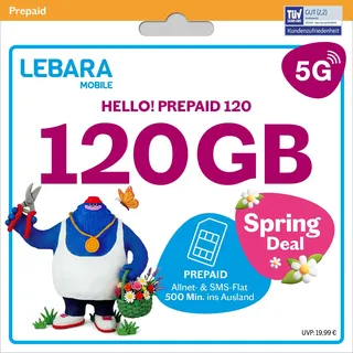 LEBARA Prepaid SIM-Karte mit Hello! 120 Prepaid Tarif ohne Vertrag | Allnet Flat Telefonie & SMS, 120 GB Datenvolumen inkl. 5G und 500 Frei-Min. ins Ausland...