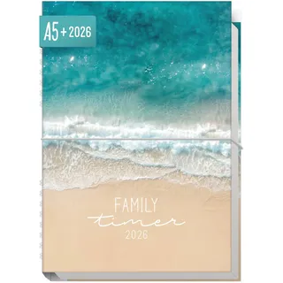 Häfft® Family-Timer 2026 A5+ "Summer Beach" Familien-Kalender für 4 Personen, Familien-Planer 12 Monate: Jan bis Dez 26, Family-Organizer - nachhaltig & klimafreundlich